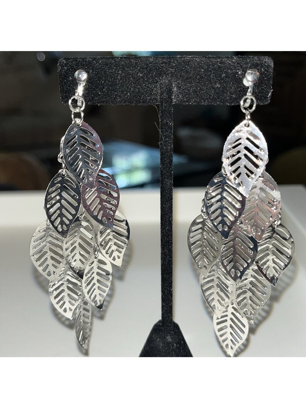 Clip on Silver 3 1/2” Dangle Earrings Layered Leaf Design (2)